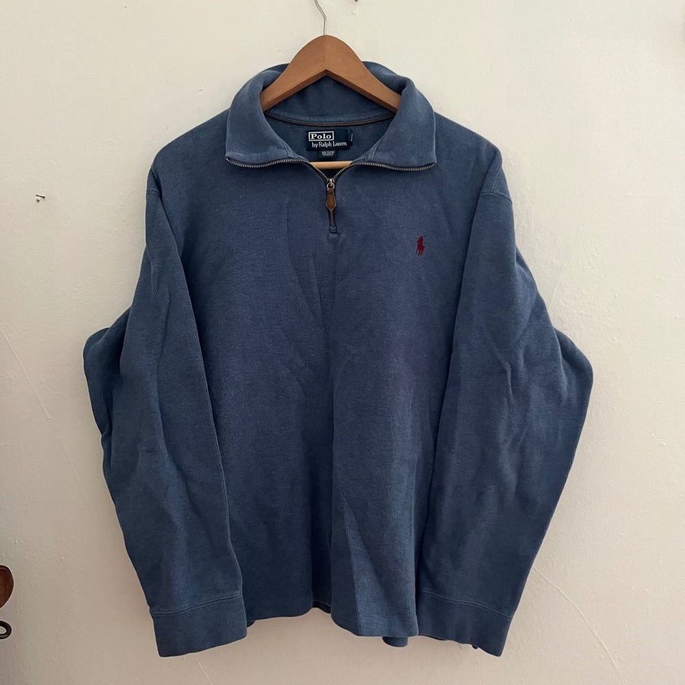 Vintage Polo Ralph Lauren Men's 100% Cotton Blue 1/4 Zip Sweater Size XL